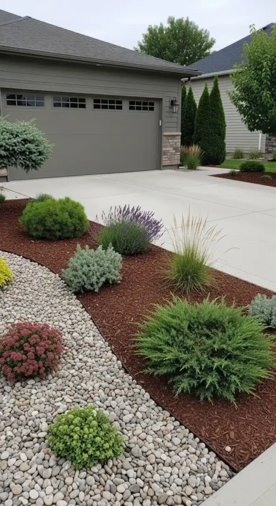 low maintenance garage landscaping ideas with evergreen plants