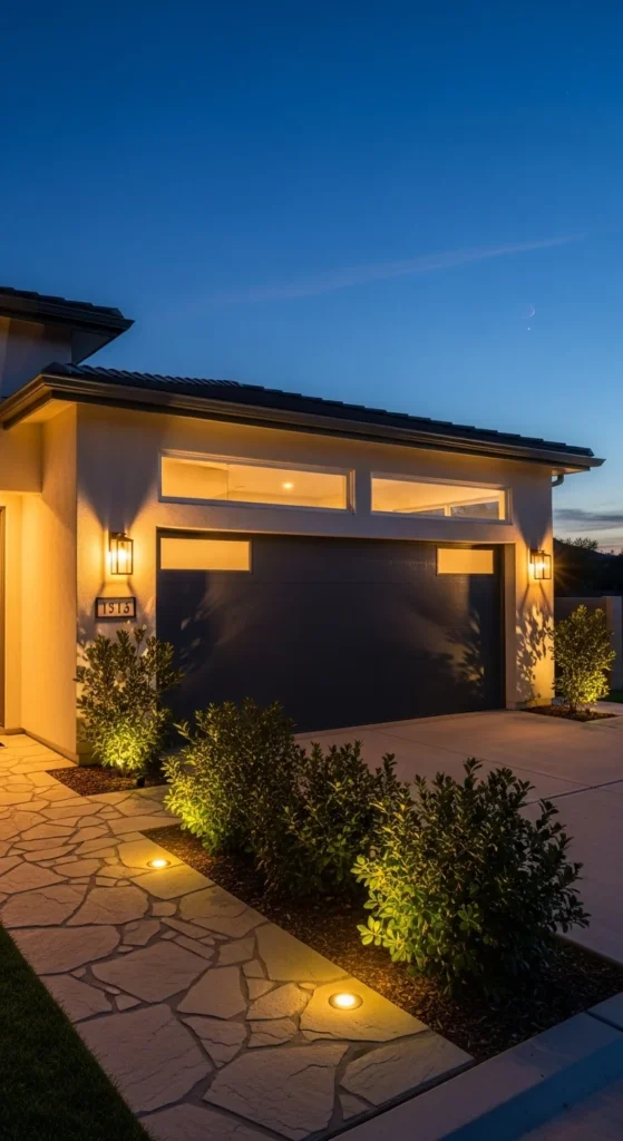 garage landscaping ideas with outdoor lighting