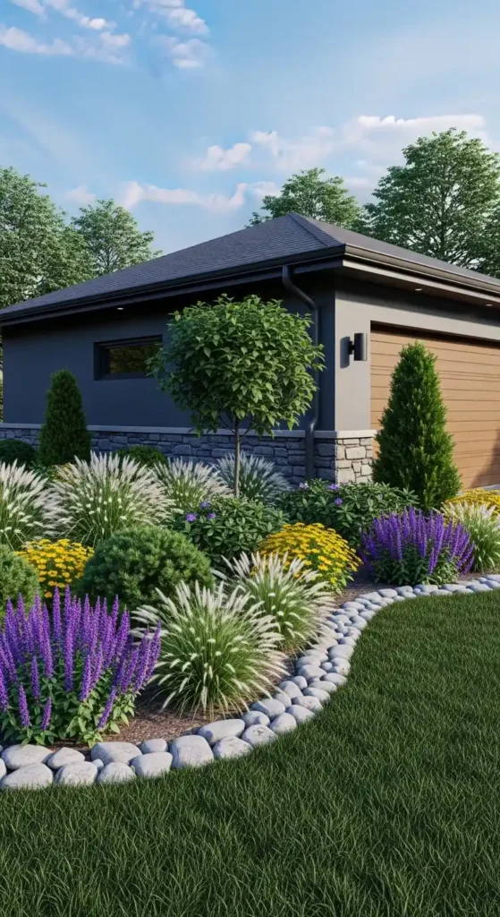 year round garage landscaping ideas with evergreen plants