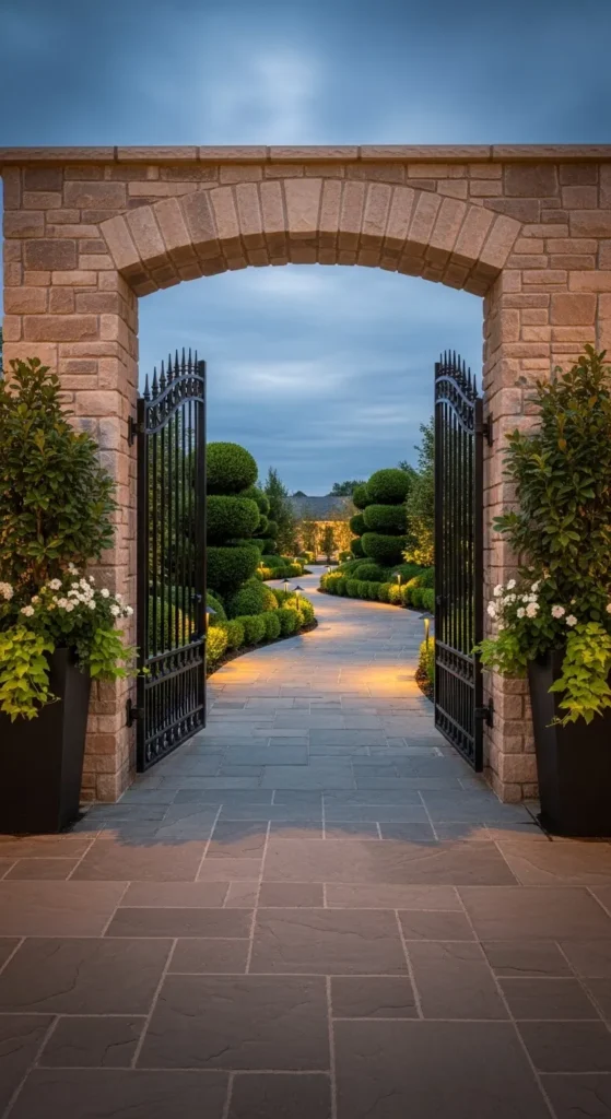Gate entrance landscaping ideas with symmetrical shrubs and a stone pathway
