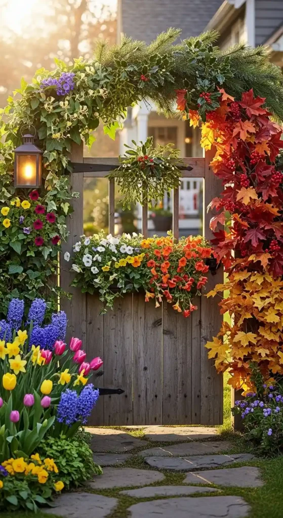 Gate entrance landscaping ideas with seasonal plants for year-round appeal