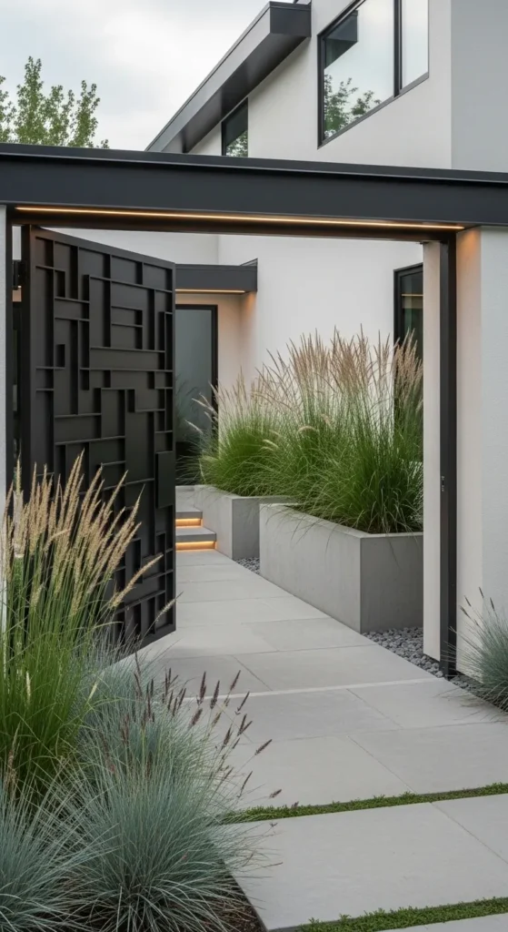 Modern gate entrance landscaping ideas with minimalist design and ornamental grasses