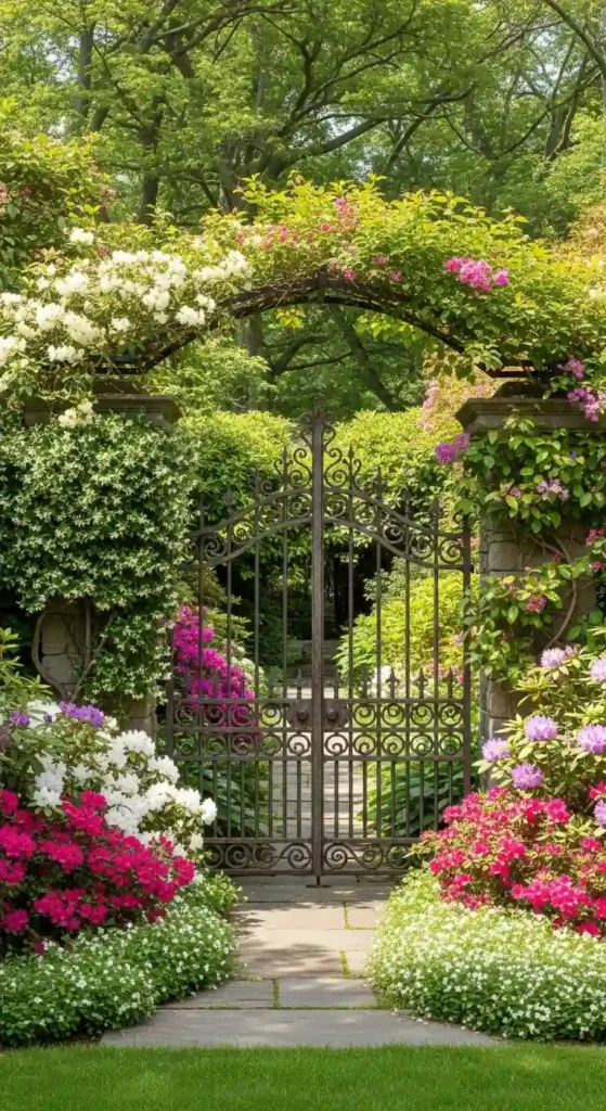 Gate entrance landscaping ideas with layered plants and vibrant greenery