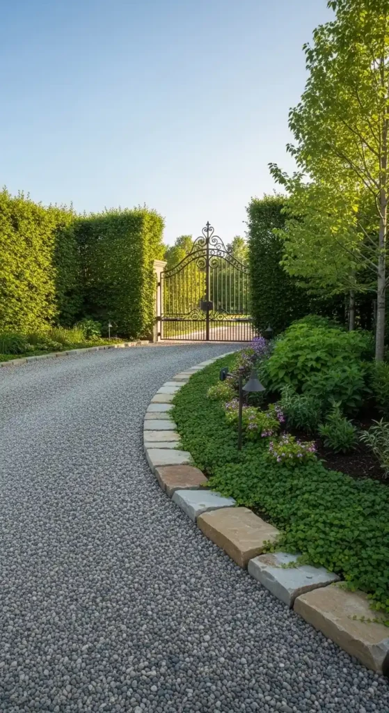 Driveway gate entrance landscaping ideas with stone edging and layered plants
