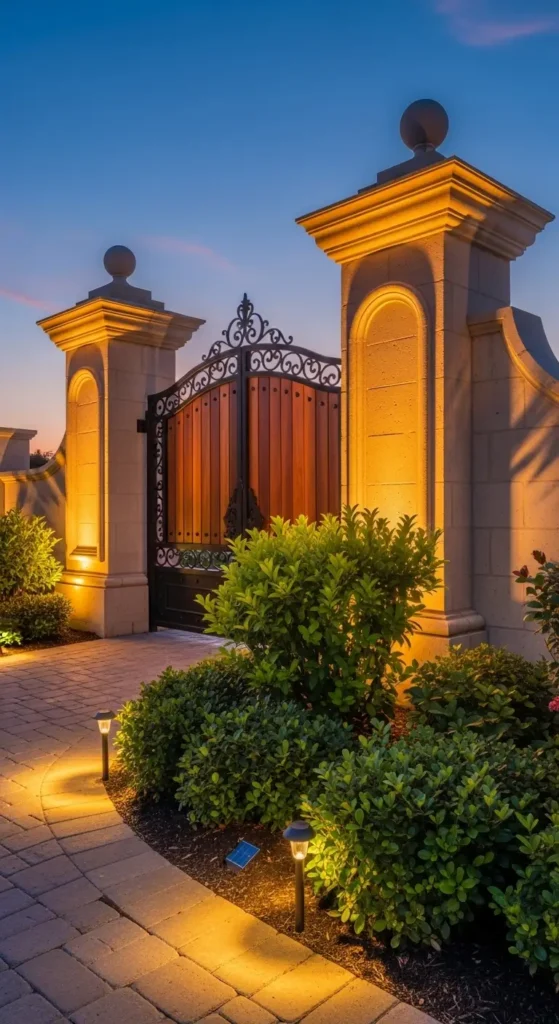 Gate entrance landscaping ideas with decorative lighting and pathway illumination