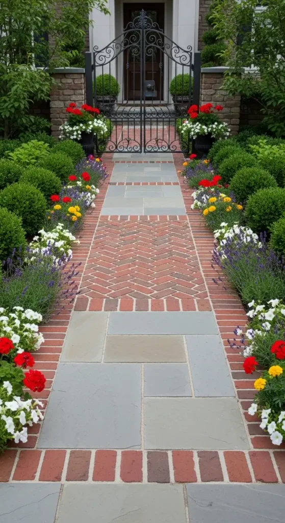 Gate entrance landscaping ideas with stone pathway and flower borders