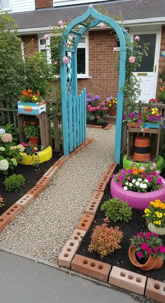 Budget-friendly gate entrance landscaping ideas with DIY planters and gravel paths