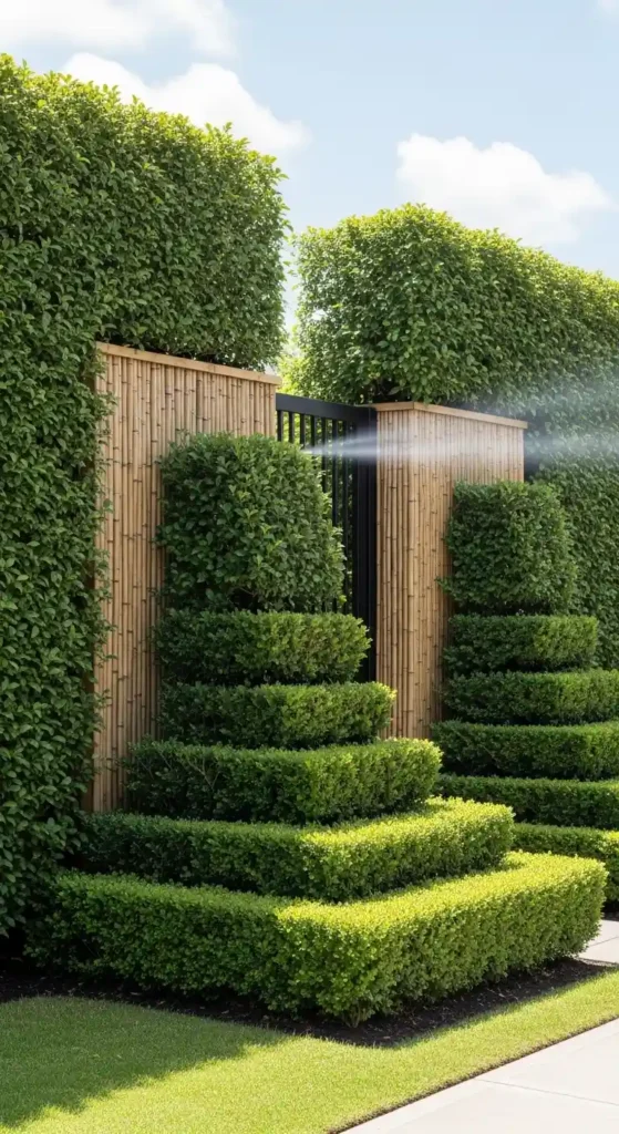 Gate entrance landscaping ideas with privacy hedges and bamboo screens