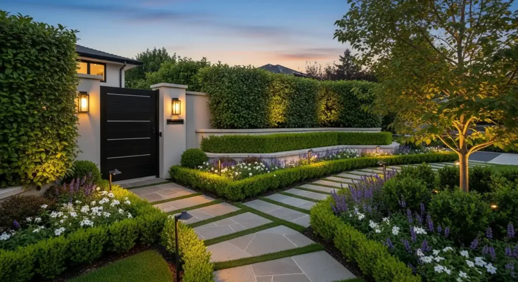 Gate entrance landscaping ideas with plants, stone pathway, and decorative lighting