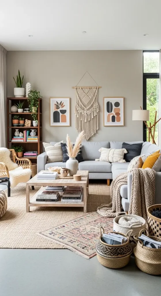 Grey couch living room ideas styled in modern and boho decor