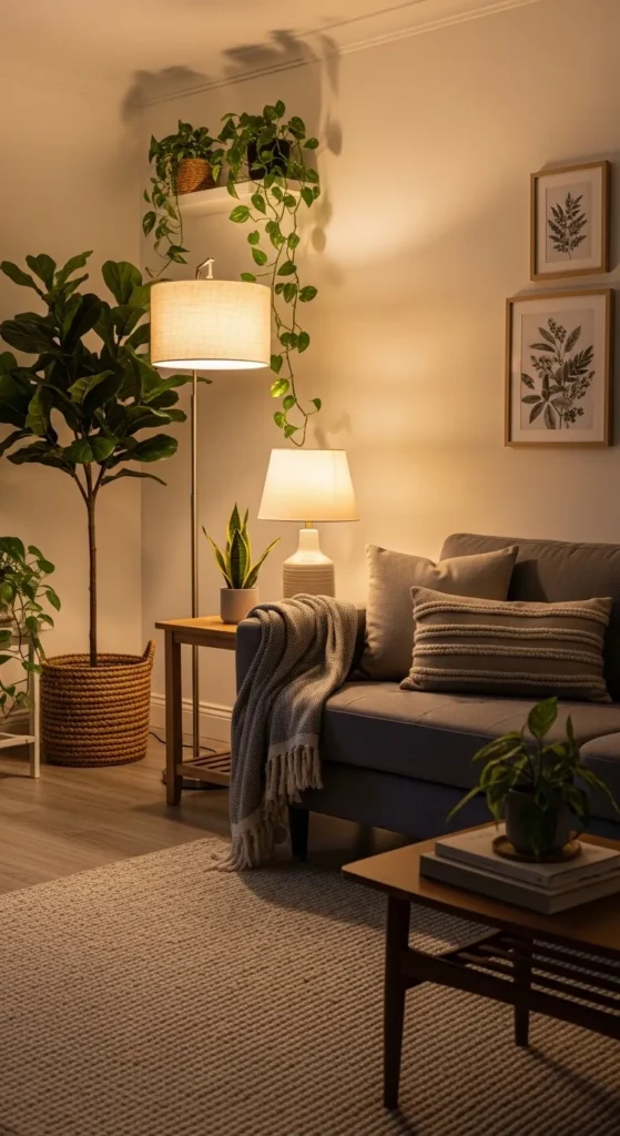 Cozy grey couch living room ideas with lighting and greenery