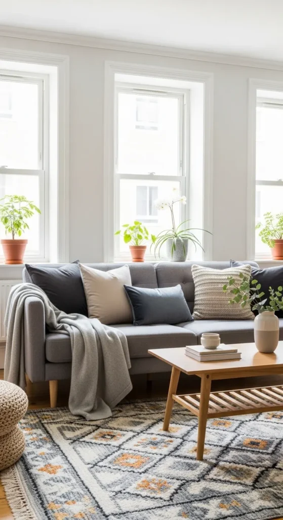 Layered textures in grey couch living room ideas with pillows and rugs