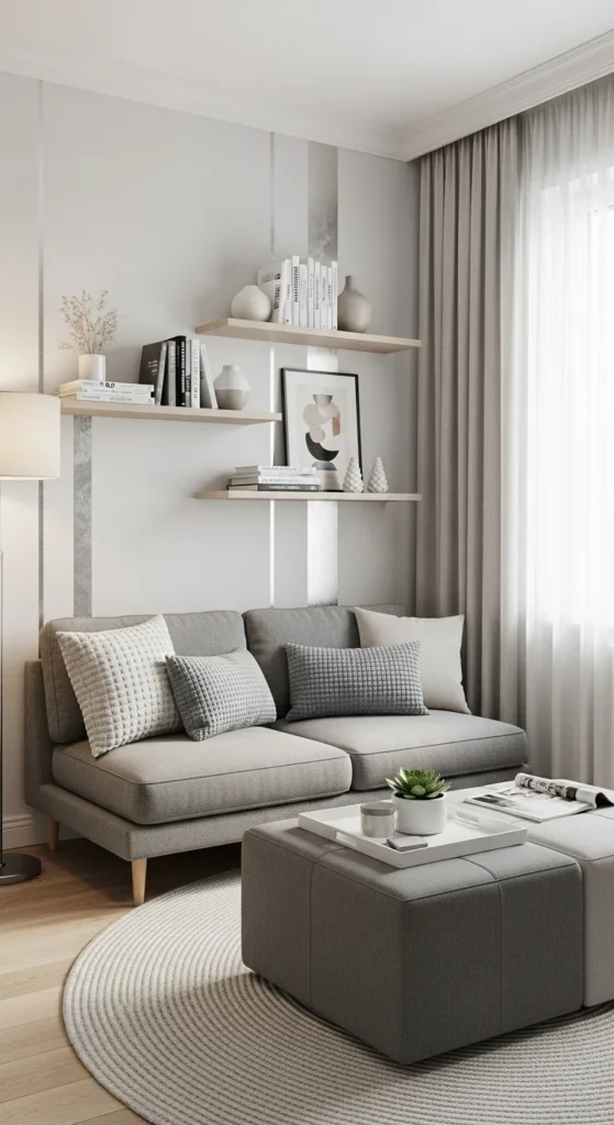 Small living room decor with a grey couch and multi-functional furniture