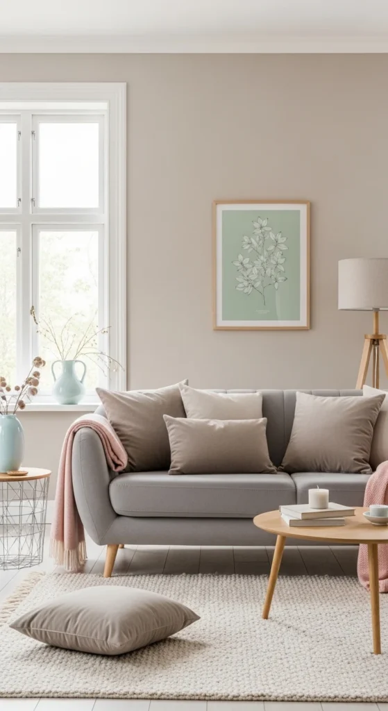 Grey couch living room ideas with neutral color palette and decor