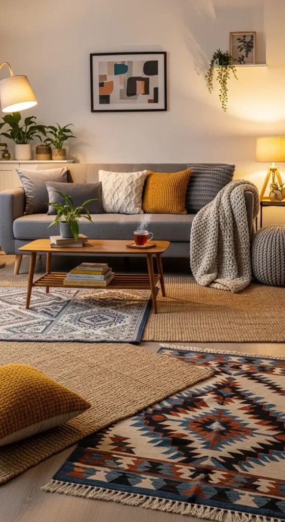 Layered rugs and pillows styling for grey couch living room ideas