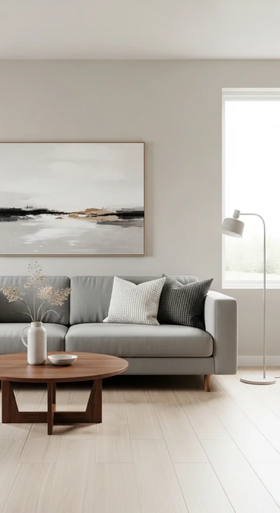 Modern minimalist grey couch living room ideas with sleek decor