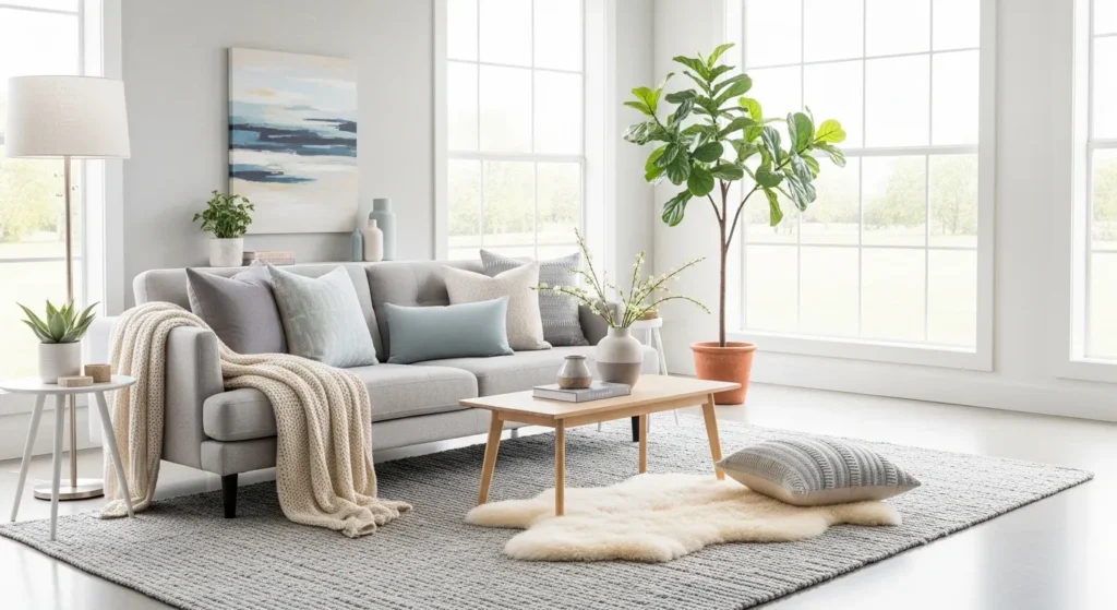 Grey couch living room ideas with cozy throws, layered rugs, and stylish decor