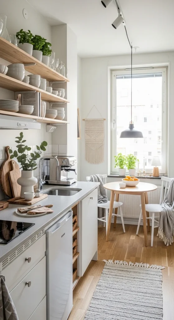 Kitchen Ideas for small spaces with cozy layout and open shelving