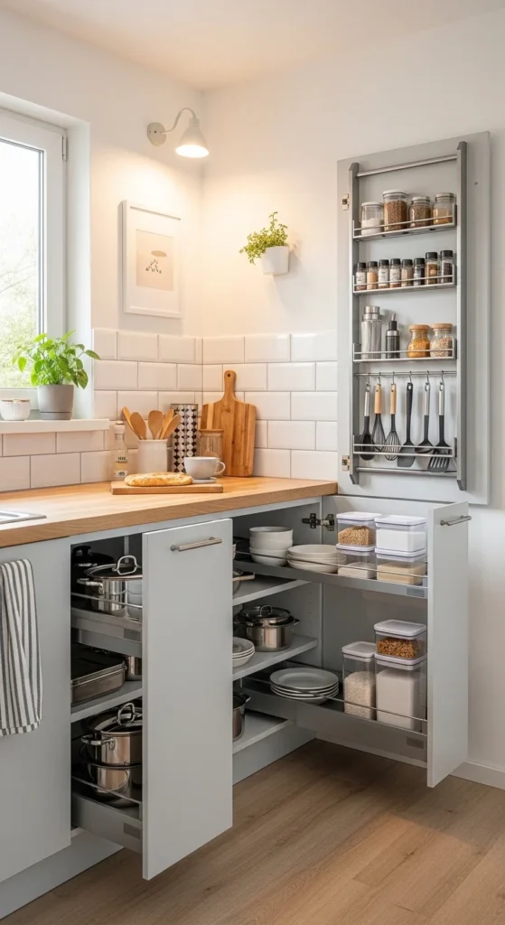 Small kitchen storage solutions with pull-out shelves and vertical racks