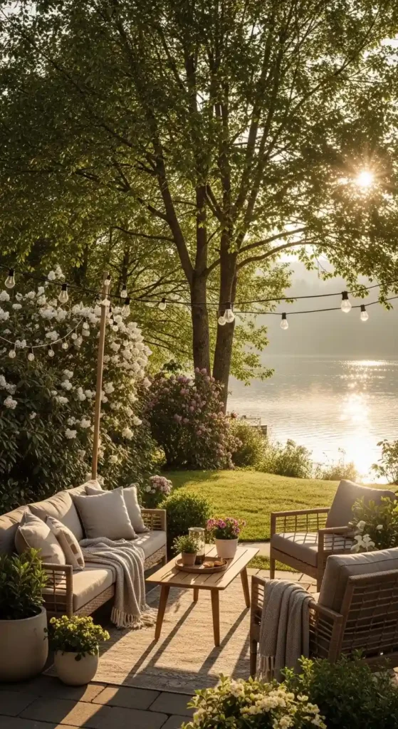 Lake house landscaping ideas showing a serene lakeside patio and garden