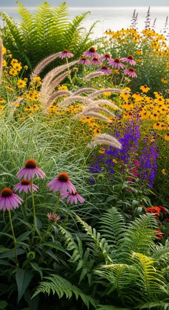 Lake house landscaping ideas with native lakeside plants and ornamental grasses