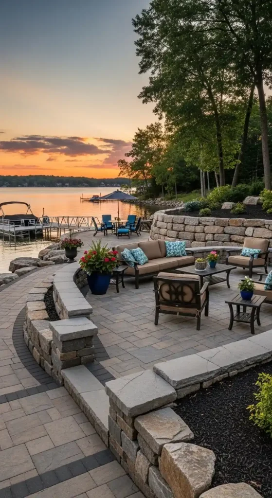 Lake house landscaping ideas with natural stone patio and walkway
