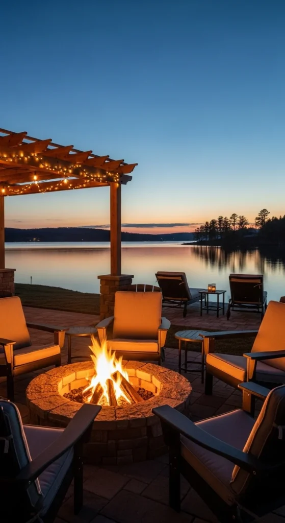 Lake house landscaping ideas with fire pit and lakeside outdoor living space