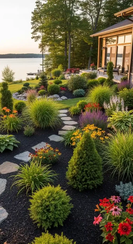 Lake house landscaping ideas with low-maintenance lakeside garden