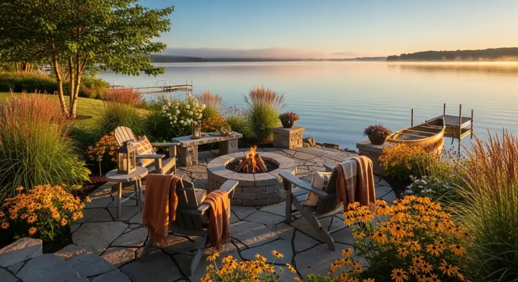 Lake house landscaping ideas with stone patio, fire pit, and lakeside garden