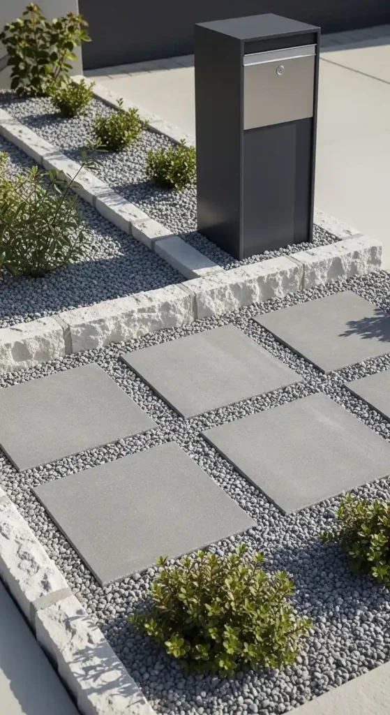 Landscaping around mailbox ideas with stone edging and hardscape design