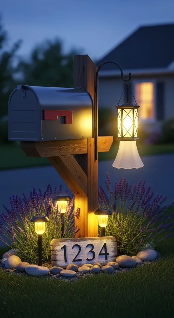 Landscaping around mailbox ideas with solar lighting and decor