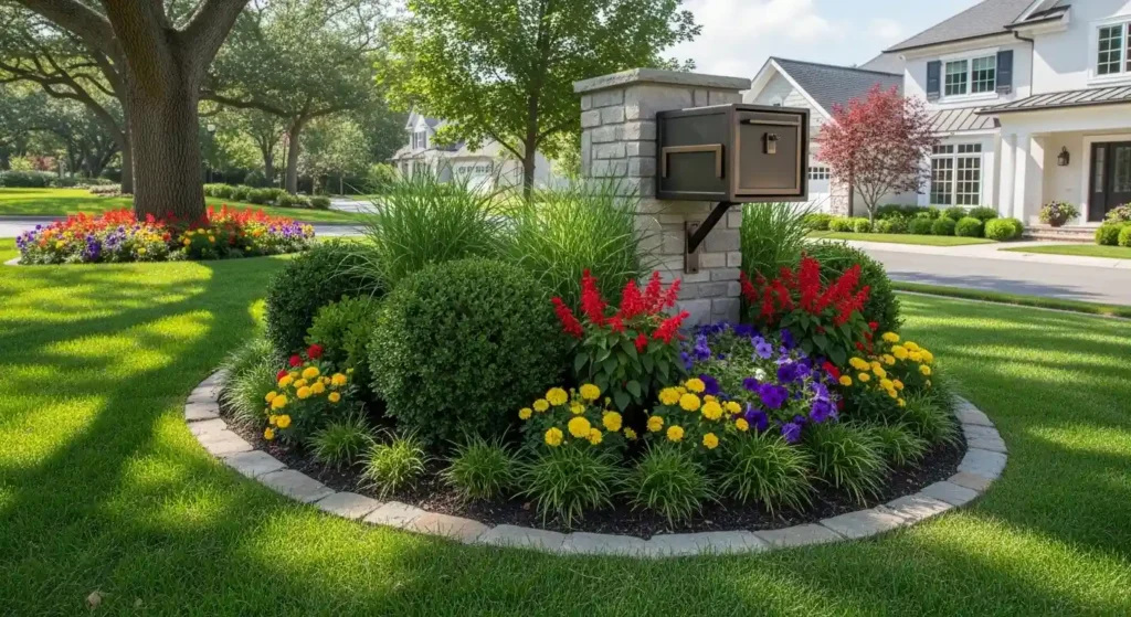 Landscaping around mailbox ideas with flowers and stone edging for curb appeal