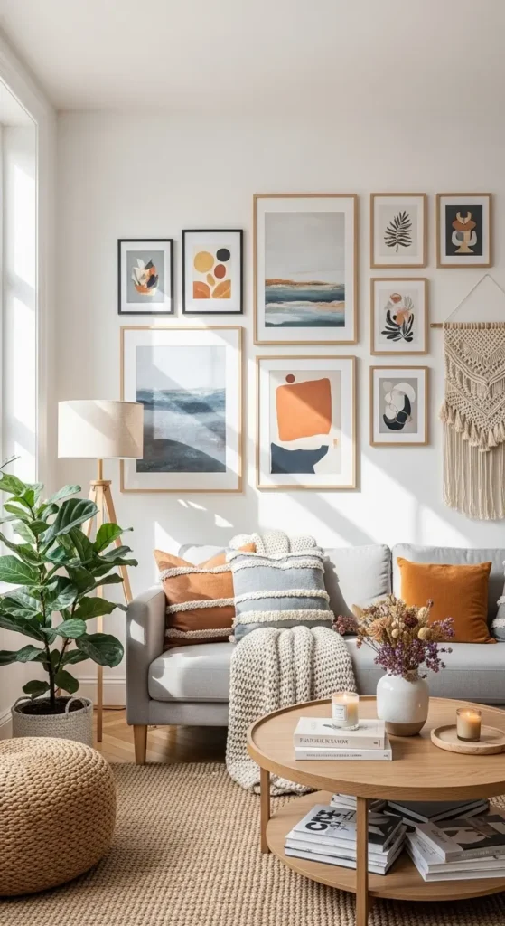 Living room wall ideas with curated gallery wall