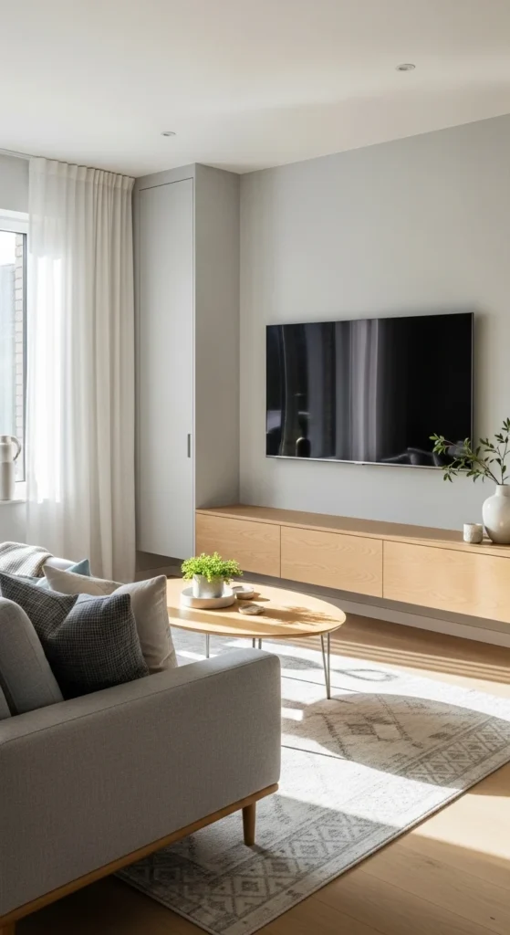 Living room TV wall ideas modern minimalist design with floating shelves