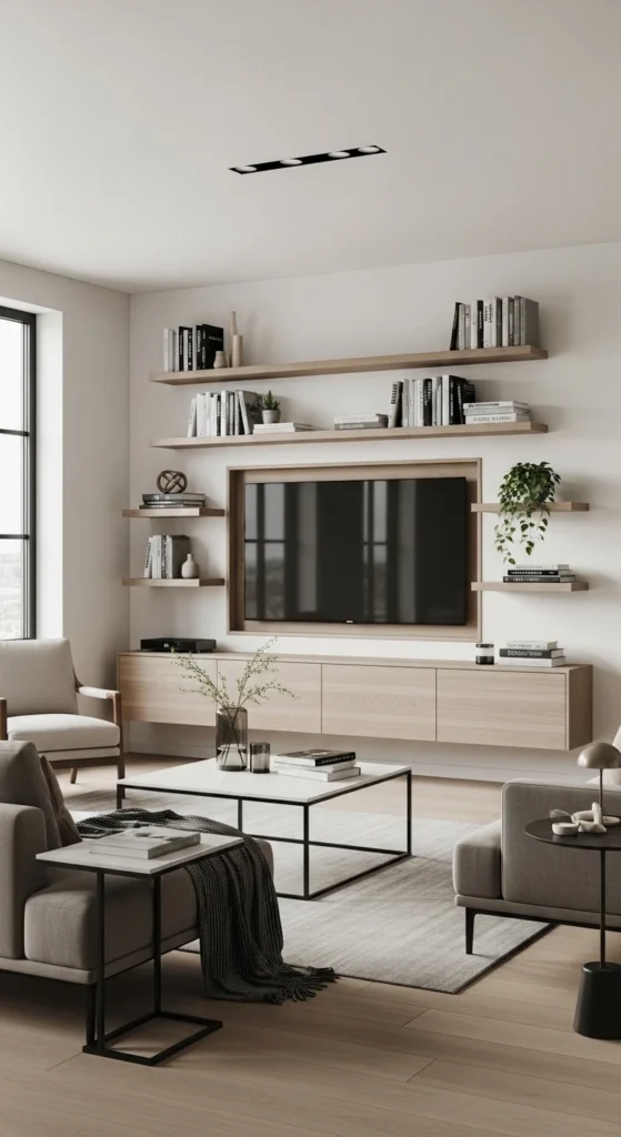Living room TV wall ideas with built-in storage and shelves