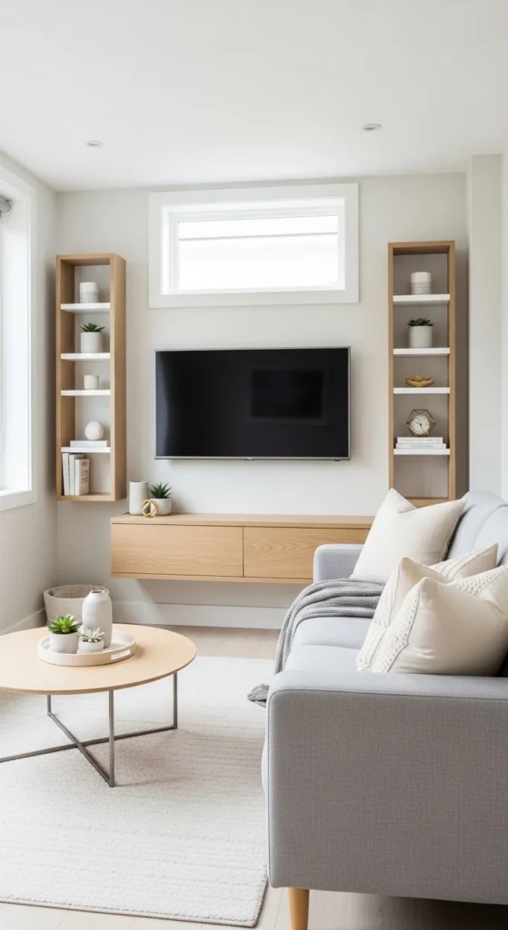 Cozy small living room TV wall ideas with floating console