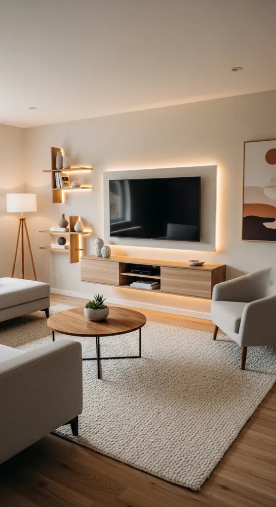 Floating media console living room TV wall ideas