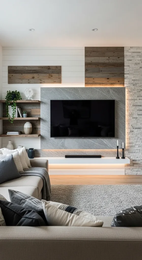 Textured walls shiplap stone wood living room TV wall ideas