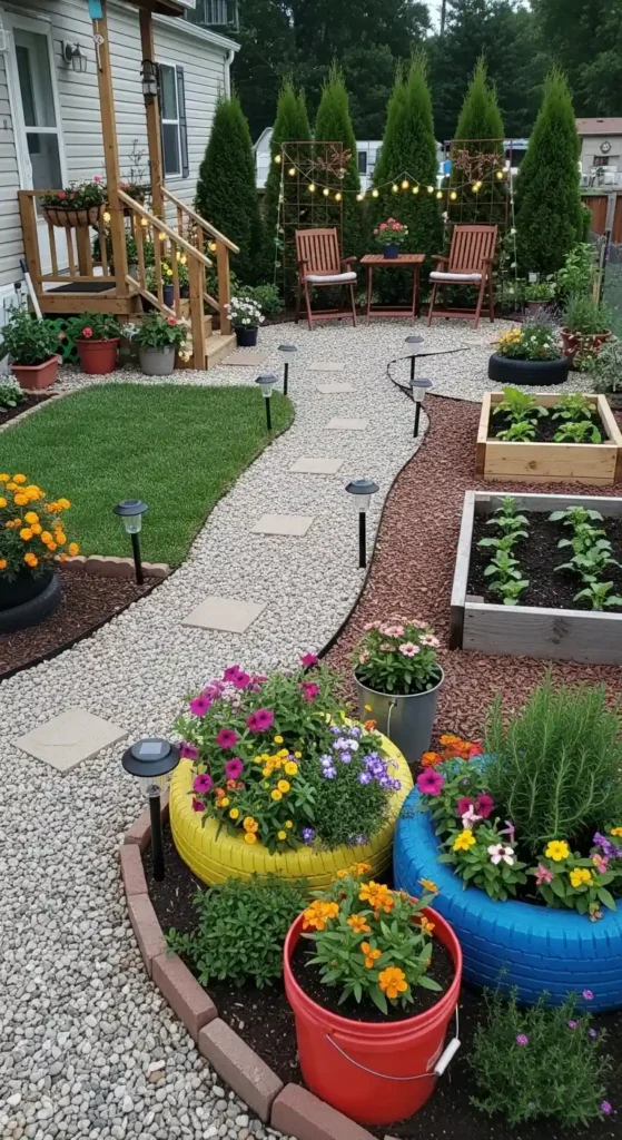 Budget-friendly mobile home landscaping ideas with gravel and DIY planters