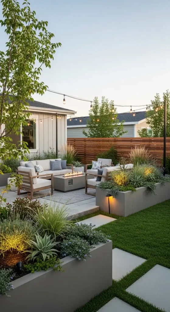 Backyard mobile home landscaping ideas with patio and plants