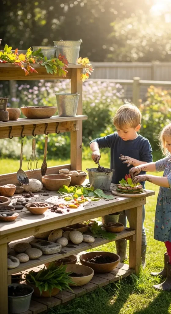 Wooden mud kitchen ideas for natural play