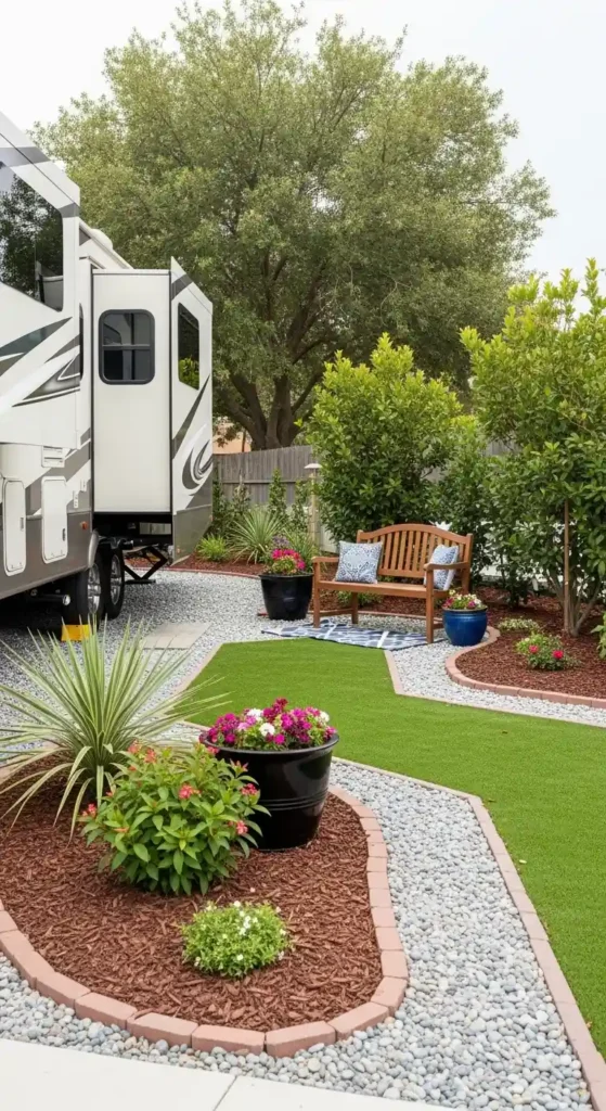 Low-maintenance RV lot landscaping ideas with gravel, artificial turf, and plants
