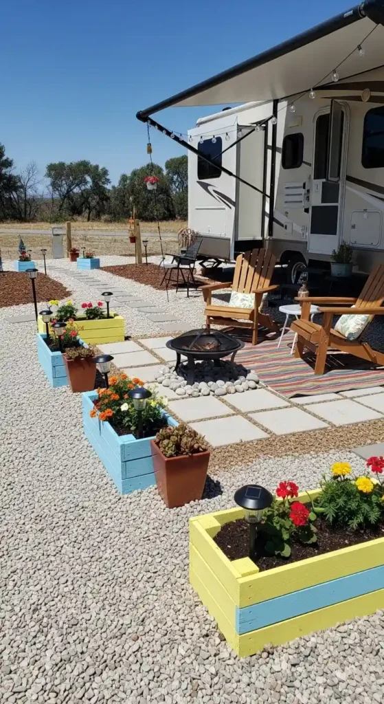 Budget-friendly RV lot landscaping ideas with gravel and DIY planters