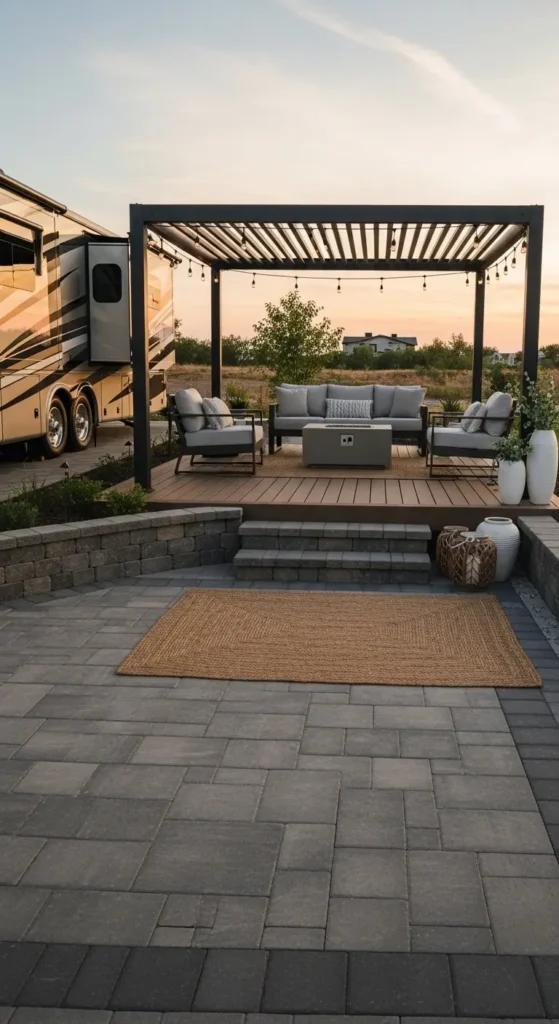 Modern RV lot landscaping ideas with paver patio and pergola