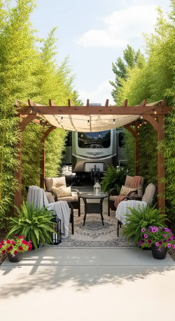 RV lot landscaping ideas for privacy and shade with hedges and pergola