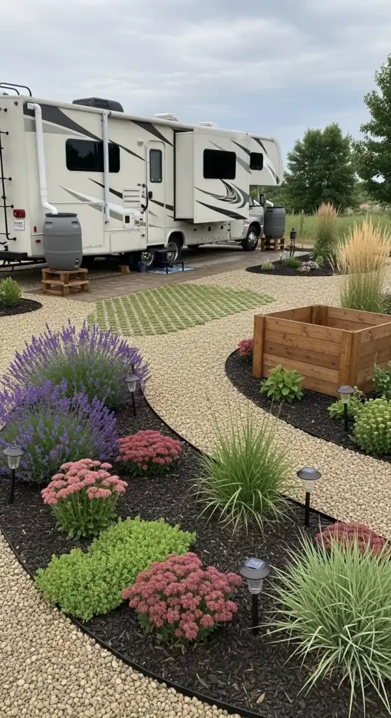 Sustainable RV lot landscaping ideas with native plants and rainwater harvesting