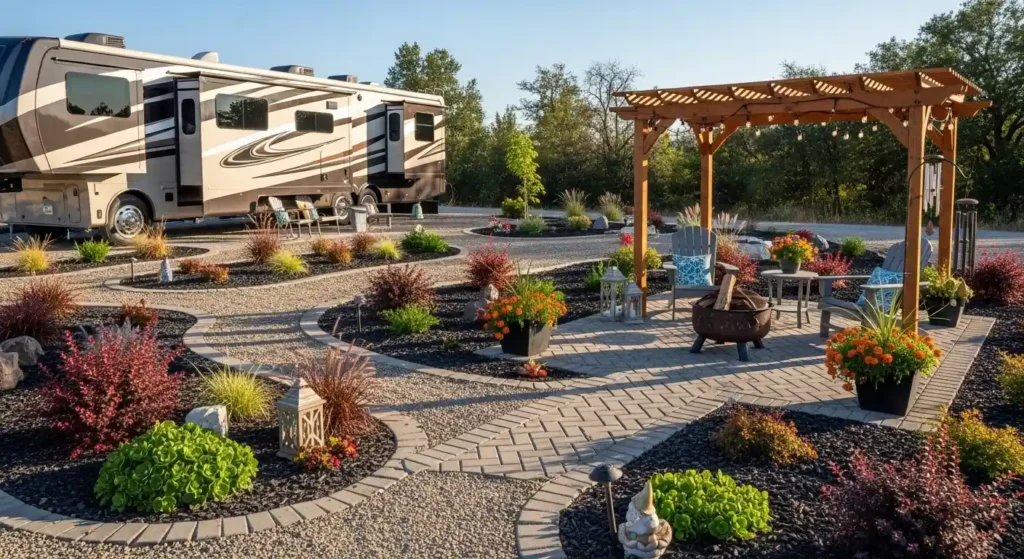 RV lot landscaping ideas with gravel patio, pergola, and low-maintenance plants