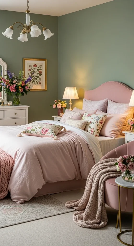 Feminine and romantic sage green and blush bedroom