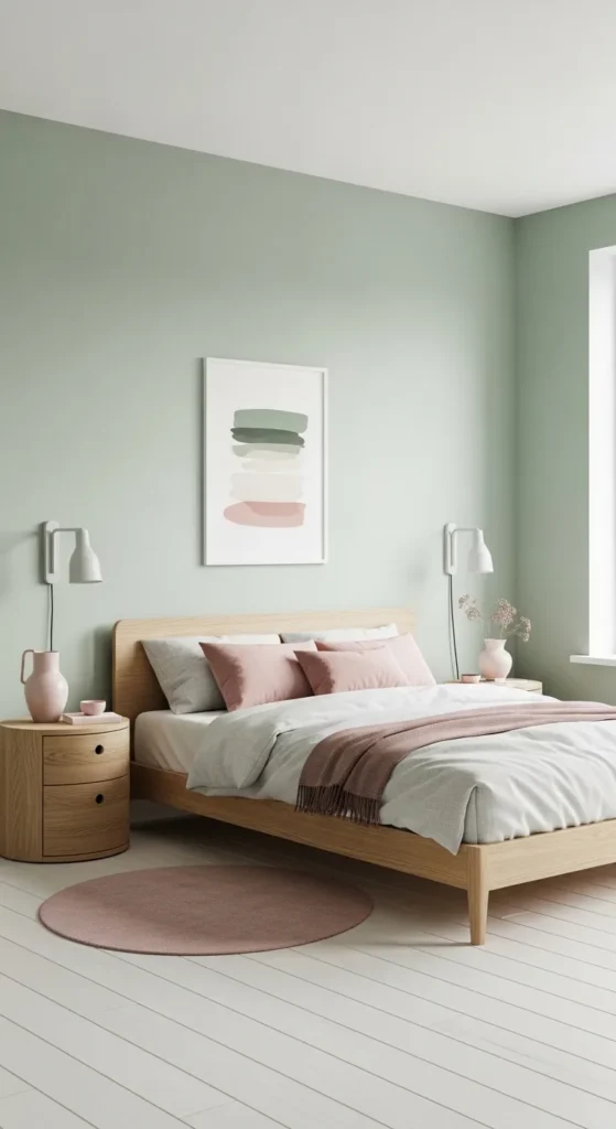 Minimalist sage green and blush bedroom decor