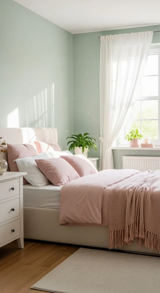Relaxing bedroom with sage green and blush decor